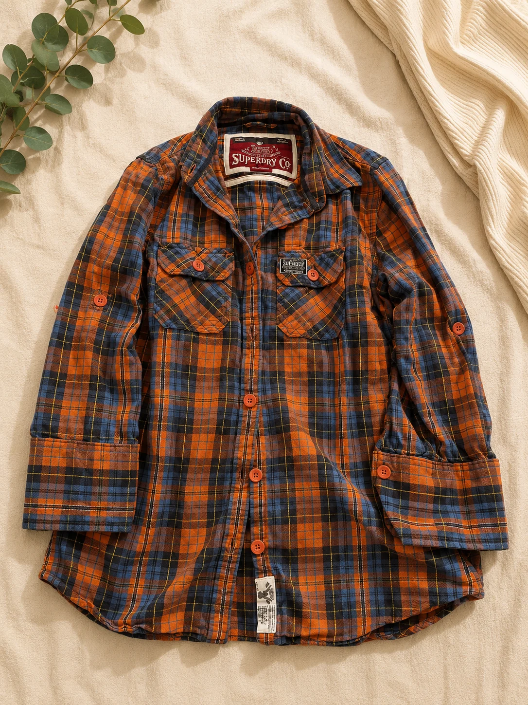 Orange & navy checkered plaid superdry shirt size M