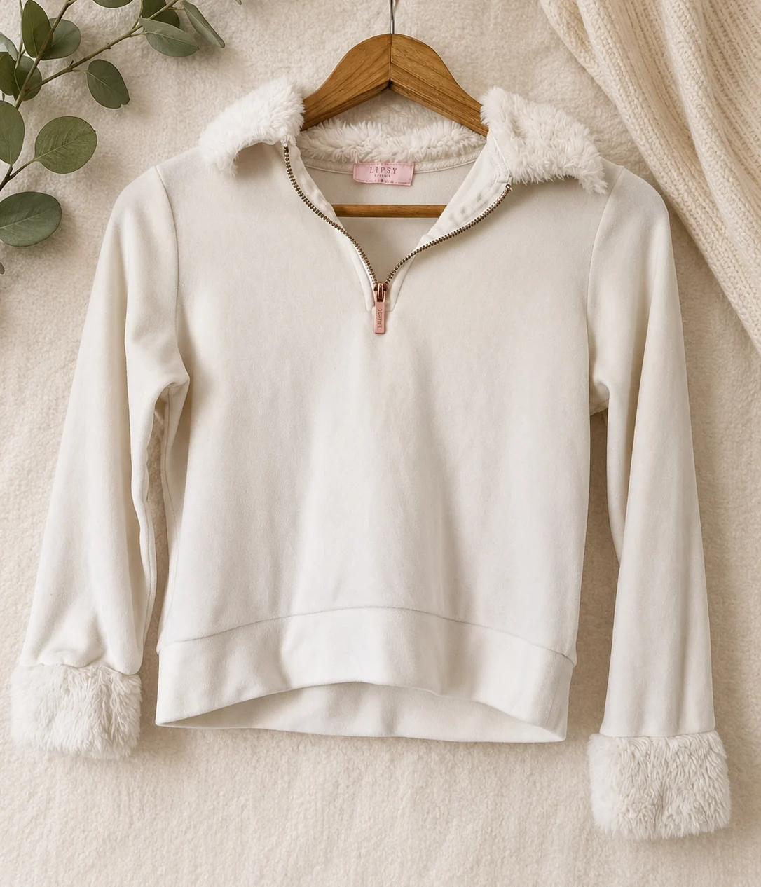 Lipsy London Girls Cream Faux Fur Trim Zip Hoodie Jacket Age 9-10 Years 0090