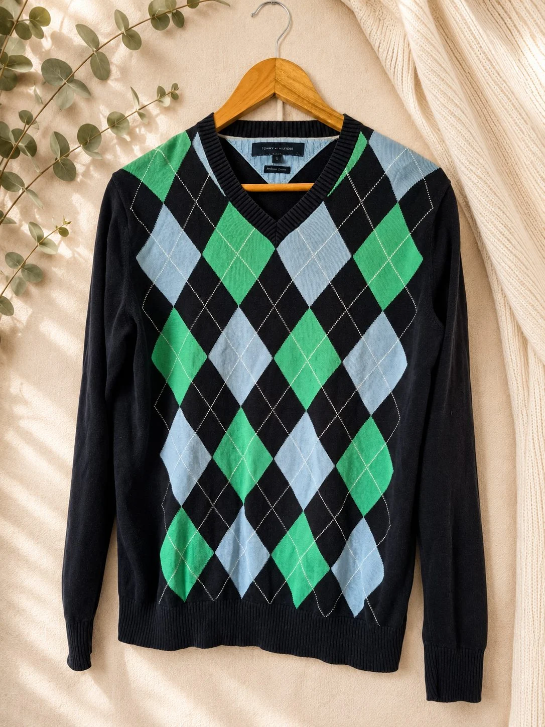 Tommy Hilfiger Argyle V-Neck Jumper Size S 100% Cotton Navy Green Blue B25