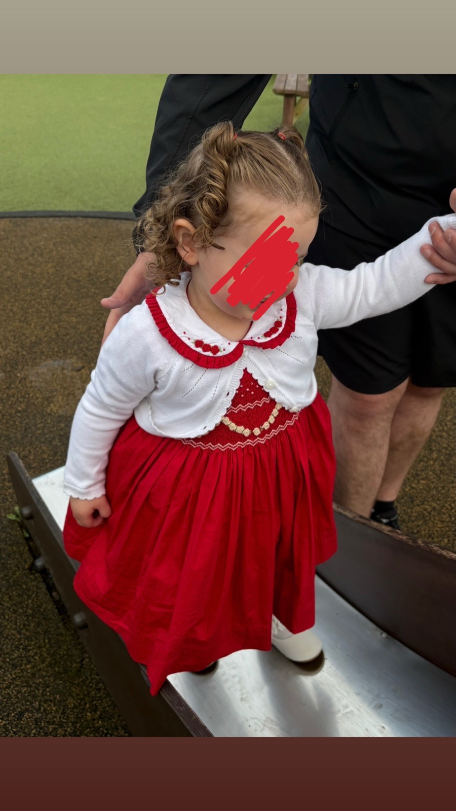 Girls red smock dress with built in petite undershirt