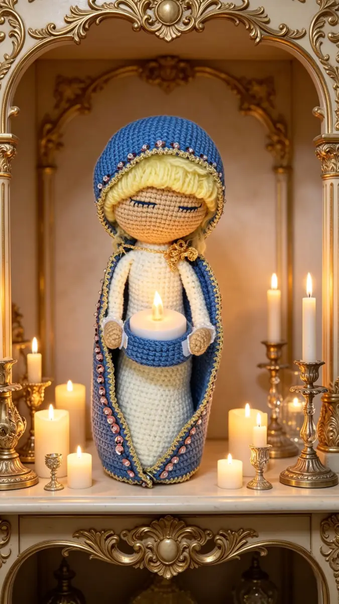 Hand-crocheted figurine with an LED candle