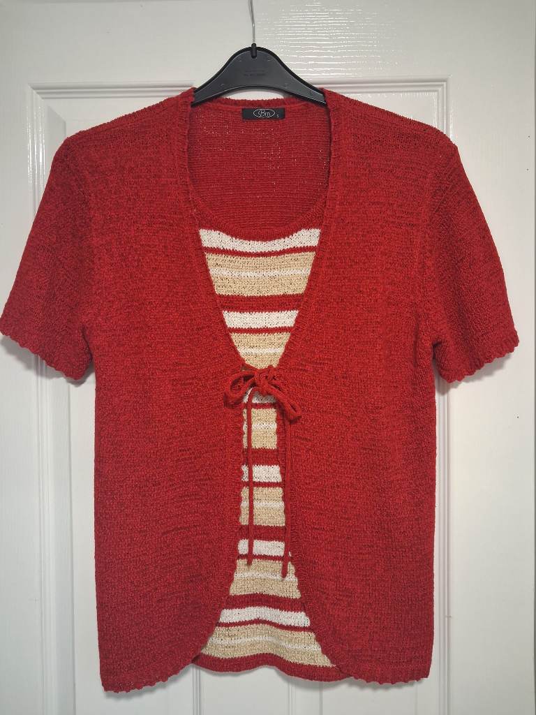 Womens short sleeve BM 2 in 1 pullover cardigan top size small striped pattern
