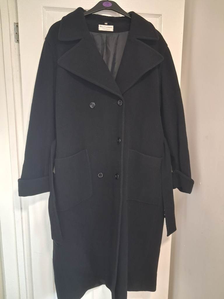 Womens vintage long black double breasted wool & cashmere coat UK made