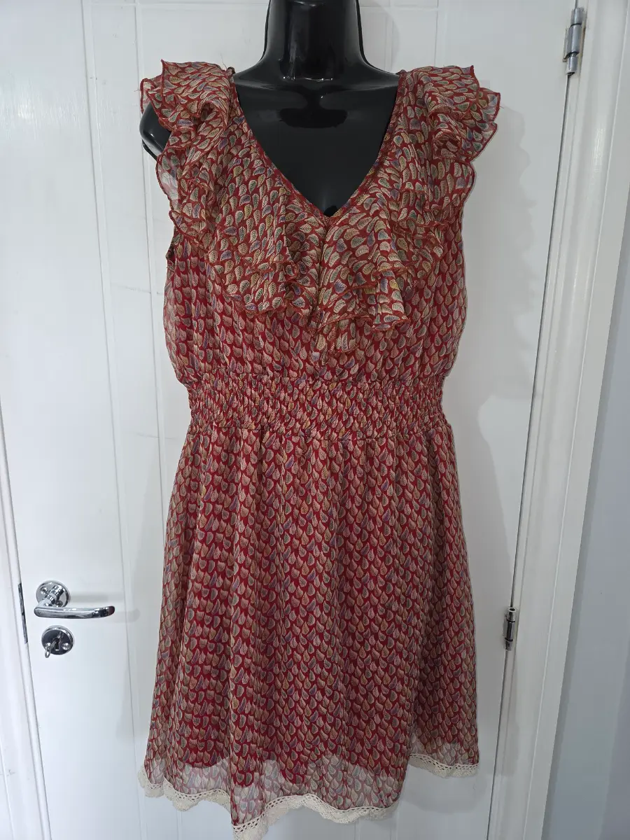 UTTAM LONDON Orange/Red Leaf Print Ruffle Smock Waist Dress - UK 16