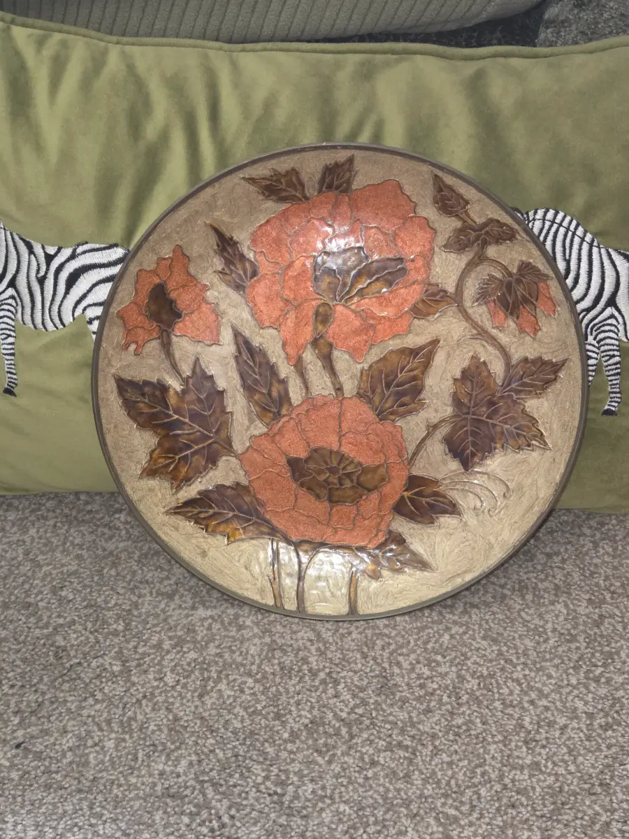 Vintage Brass Enamel Champleve Wall Plate Boho Floral Peony Decorative Dish 25cm