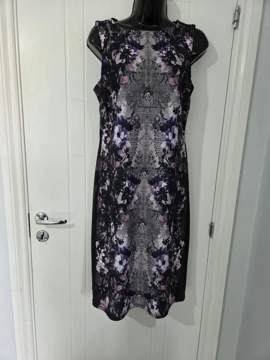 Next Purple Floral Mirror Print Ribbed Textured Bodycon Wiggle Dress (UK 14)