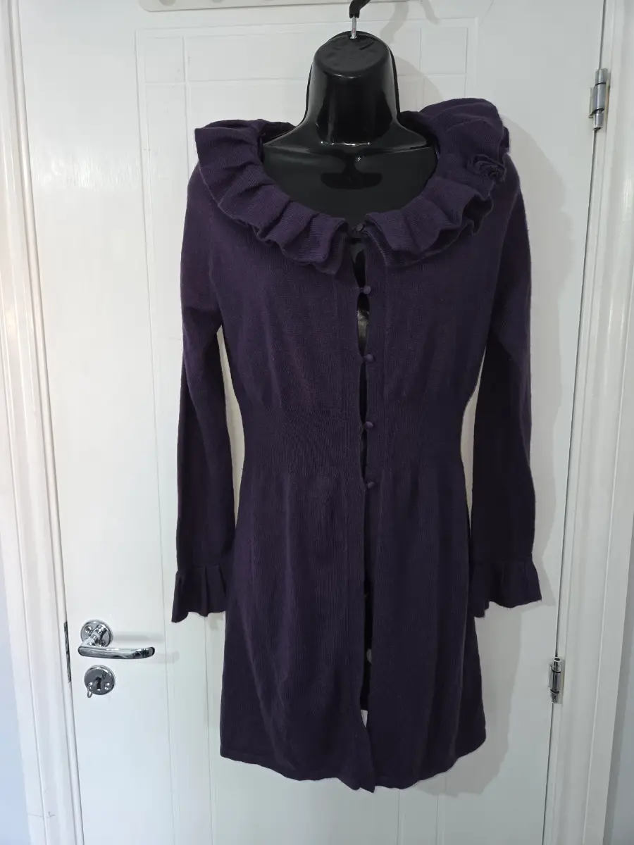 Per Una Vintage Purple Knit Longline Ruffle Collar Cardigan Coatigan (UK 12)