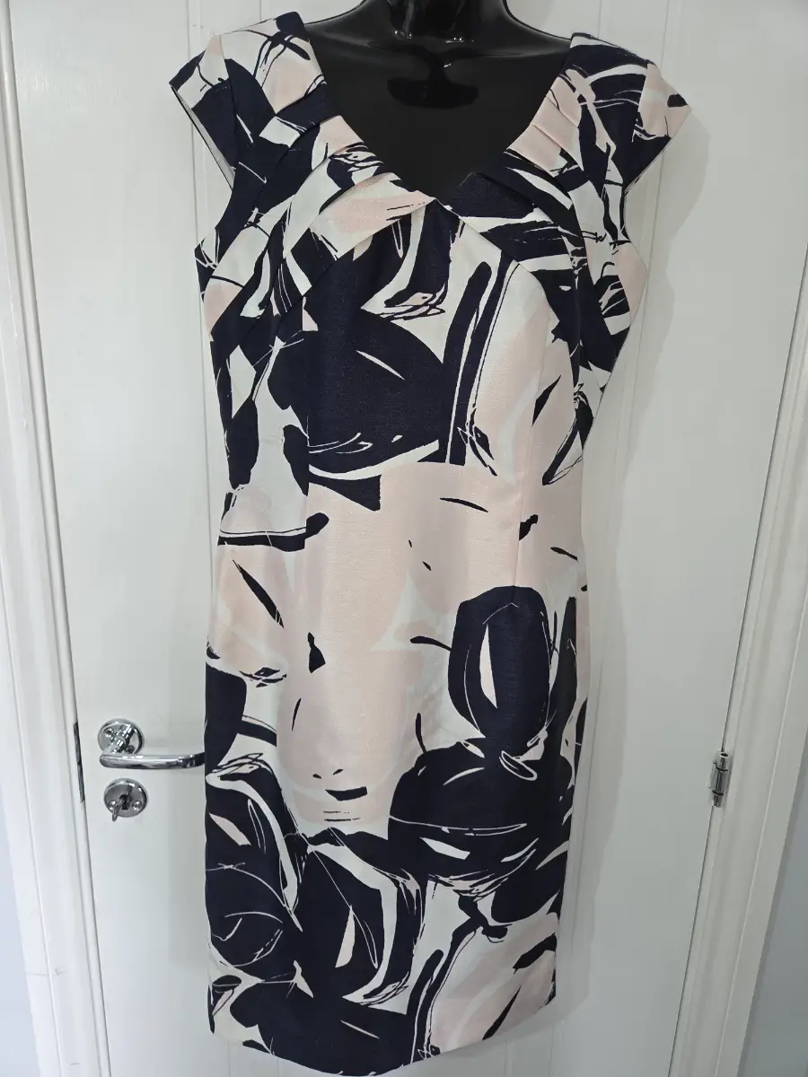 Roman Originals Pink & Navy Floral Pleated V-Neck Wiggle Sheath Dress Size 12