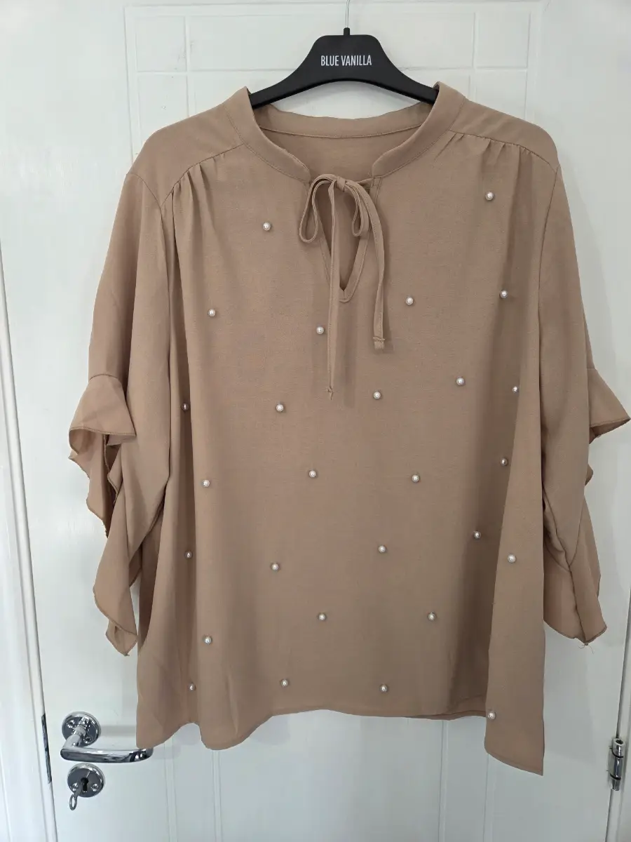 SHEIN Curve Beige Pearl Embellished Tie Neck Ruffle Blouse — Size 1XL