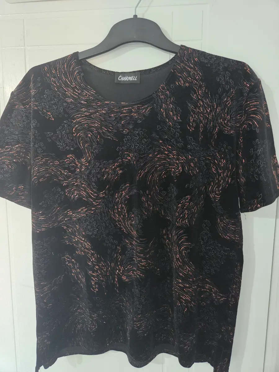 Charmell Vintage Black Velvet Glitter Swirl Blouse / Short Sleeve Party Top size L