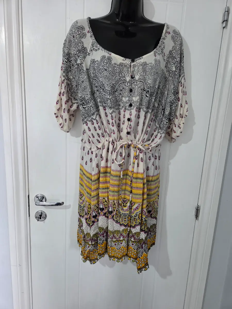 Kushi Boho Paisley & Floral Print Drawstring Elastic Waist Tunic Mini Dress (UK 16)