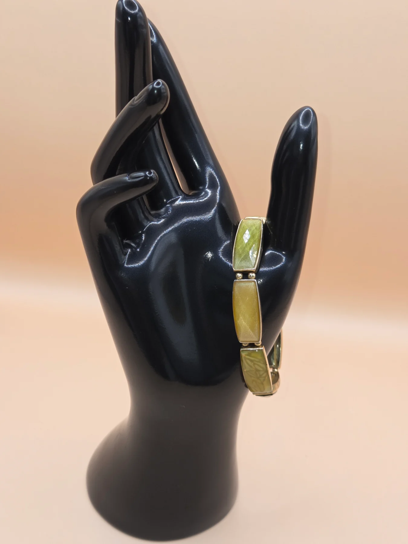 Vintage Gold Tone Green Enamel Panel Stretch Bracelet – Earthy Olive & Mustard