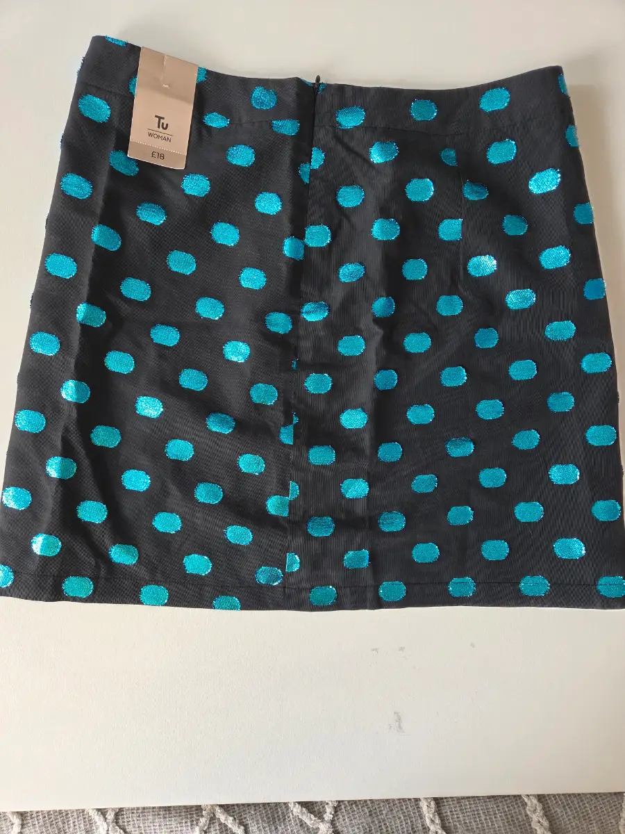 TU Woman Black & Turquoise Blue Metallic Glitter Polka Dot Mini Skirt size 14