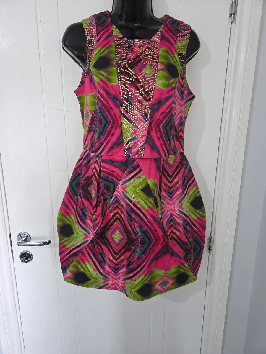 River Island Pink Geometric Print Embellished Tulip Mini Dress Size 12 UK