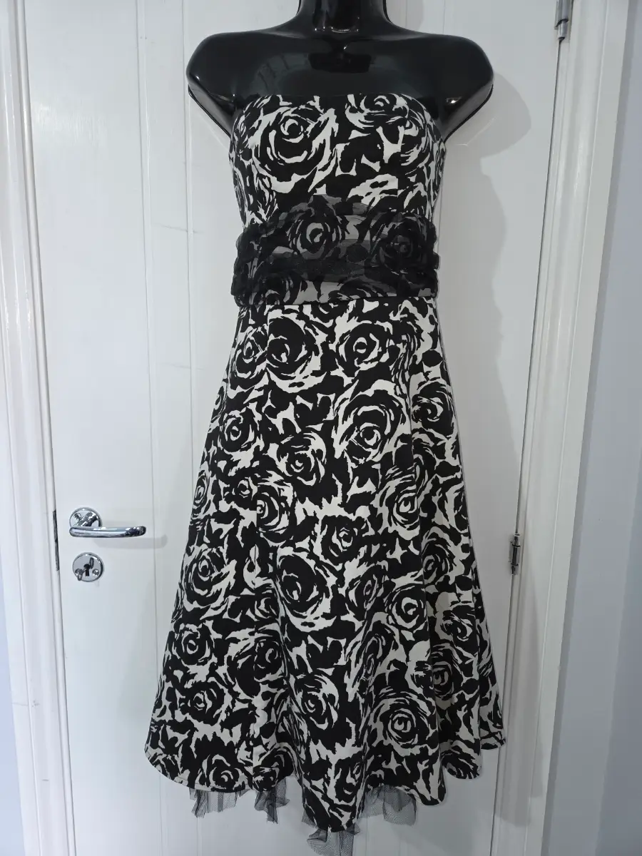 Warehouse Monochrome Black & White Floral Strapless Prom Dress Tulle Hem UK 10