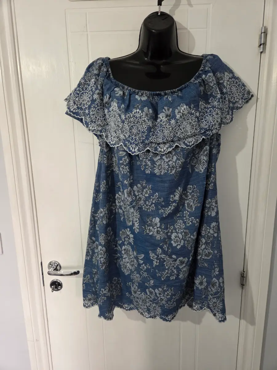 Tu Blue Floral Embroidered Bardot Broderie Anglaise Tunic Top UK 20