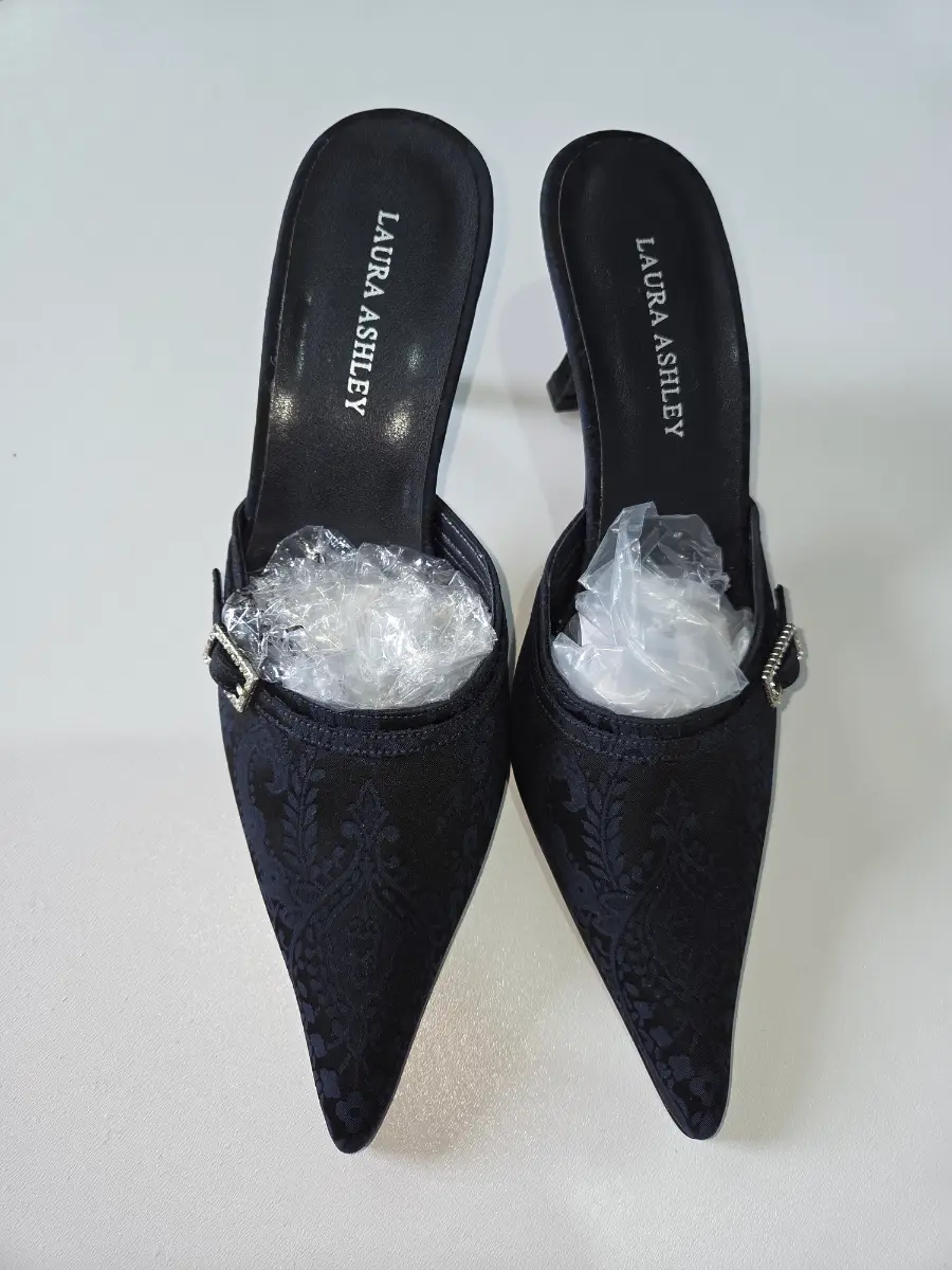 Laura Ashley Vintage Navy Blue Jacquard Pointed Mule Heels Rhinestone Buckle EU 38 UK 5