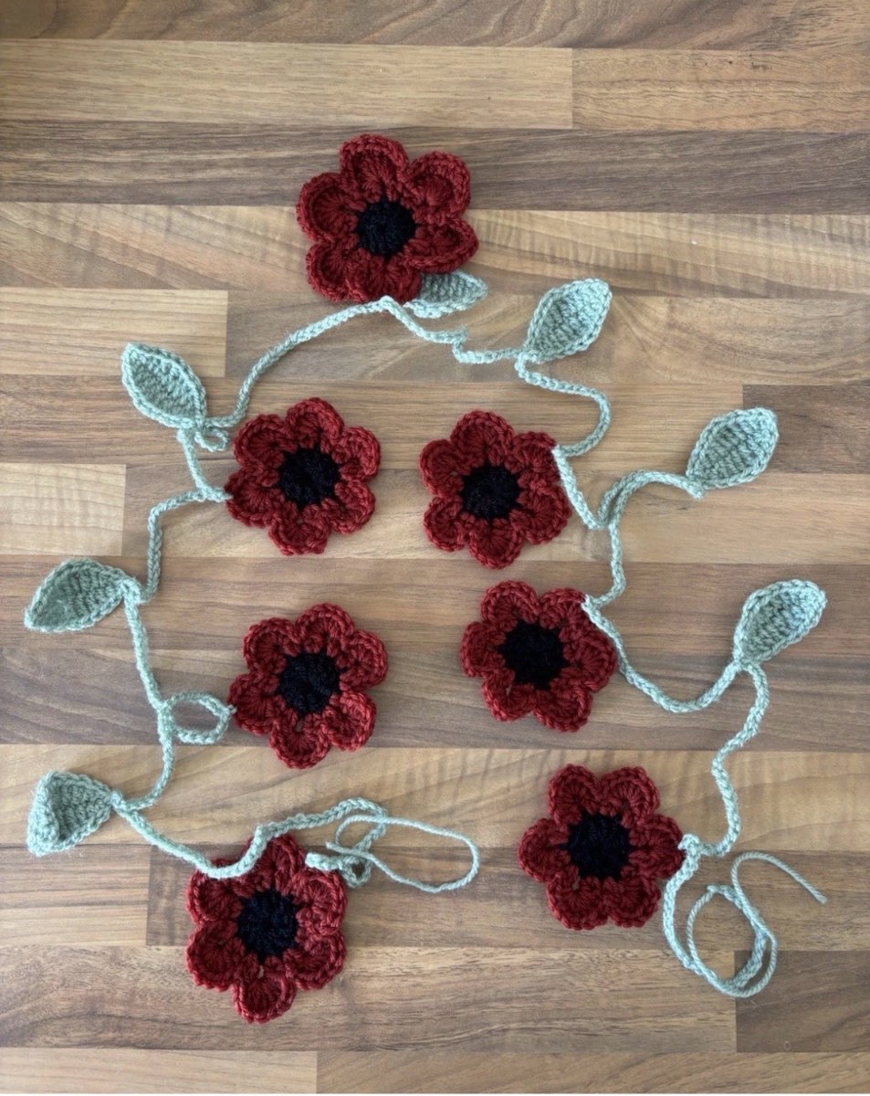 Deep red poppy flower garland. Banner. Bunting. Decoration. Whimsy Boho Festival