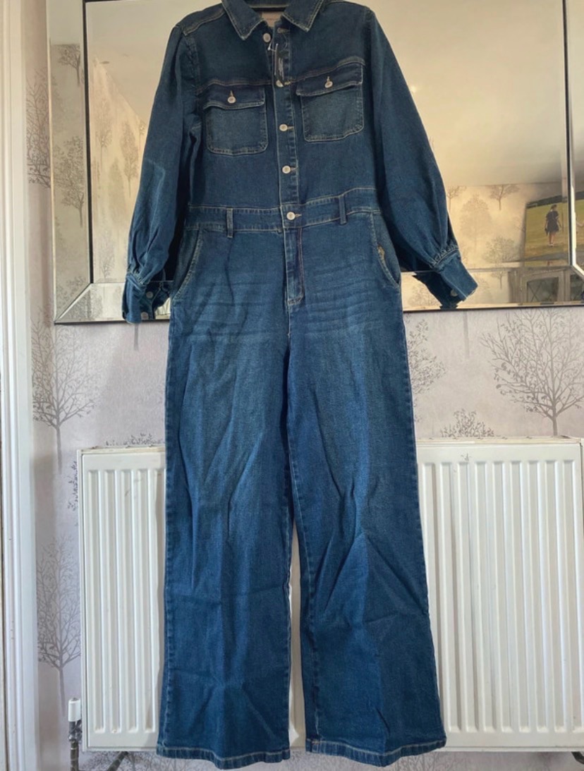 JD Williams New With Tags Blue Denim Wide Leg Balloon Sleeve Jumpsuit