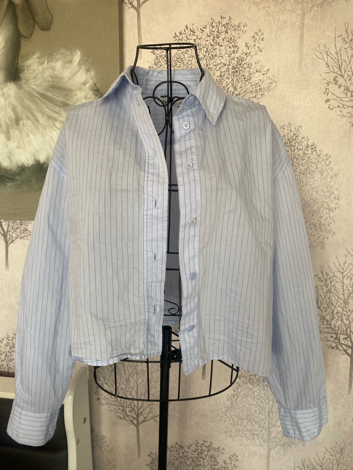 Zara Light Blue Pinstripe Cropped Button-Down Shirt