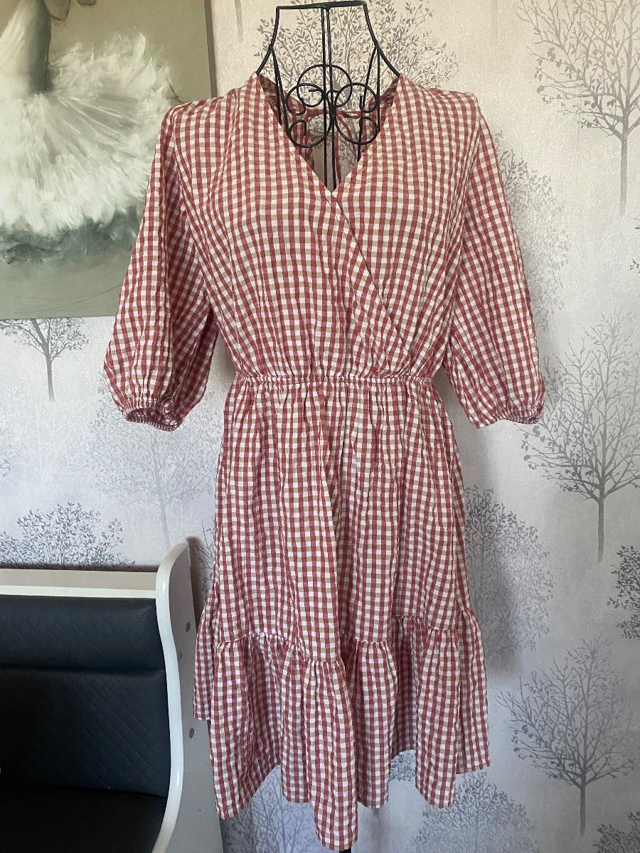 Red & White Gingham Faux-Wrap Tiered Dress