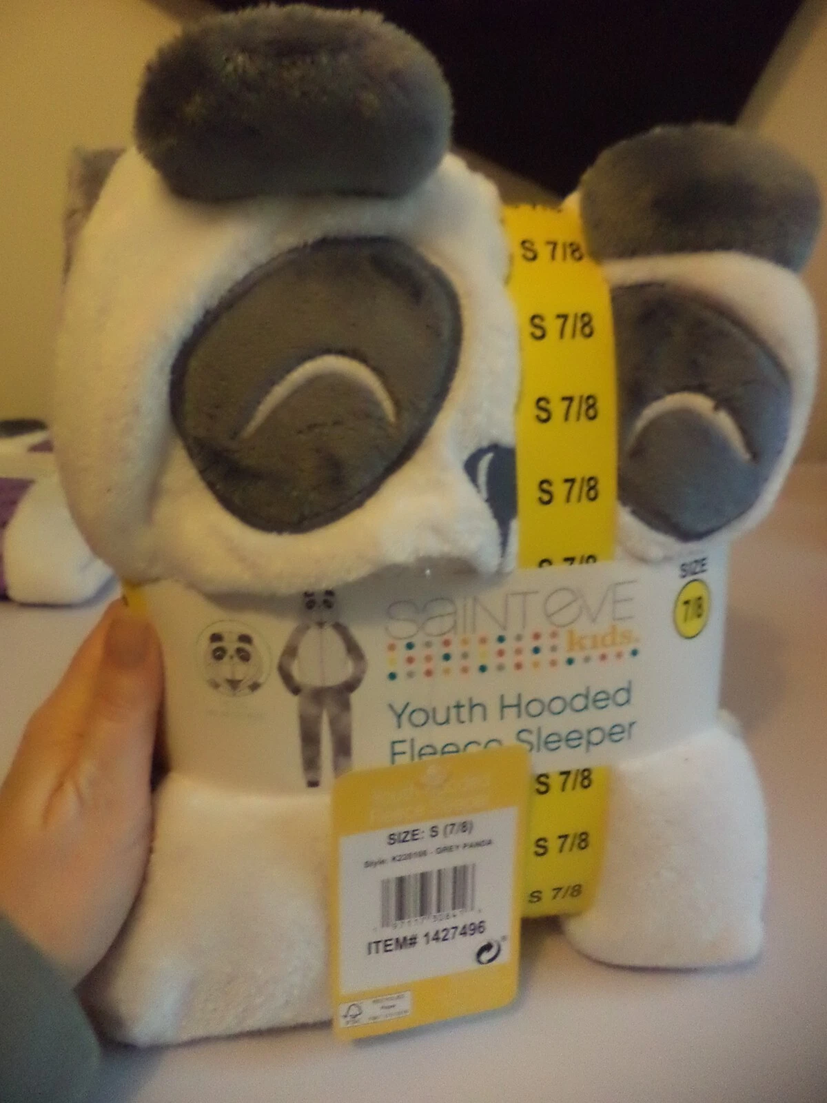BNWT Kids onesie Youth Hooded Fleece Sleeper S age 7/8 Grey Panda one piece girls boys onesie