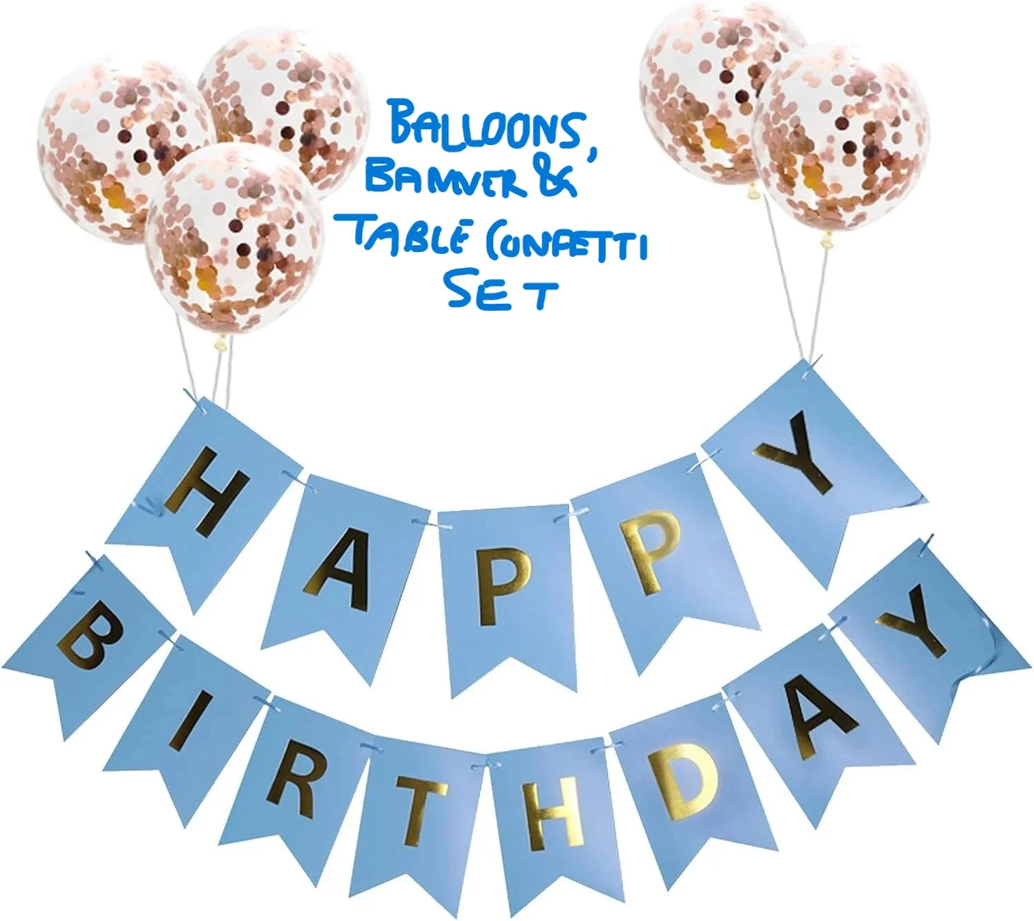 Happy Birthday Decorations set kit Balloons Banner table confetti blue & gold