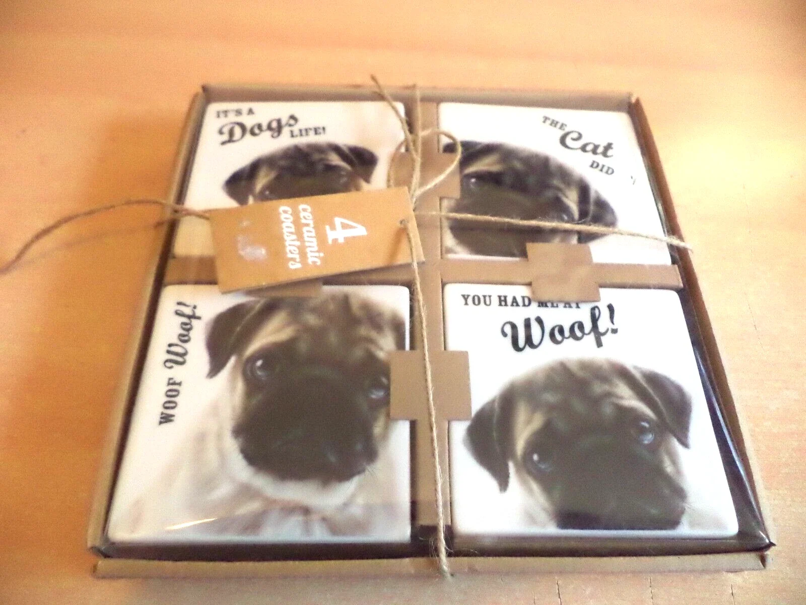 BRAND NEW Set of 4 QUALITY NOVELTY HUMOROUS ceramic dog coasters pug puppy