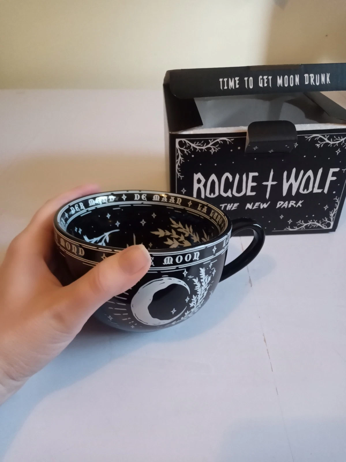 bnib Rogue +Wolf la lune large black tea coffee mug cup goth gothic witch pagan