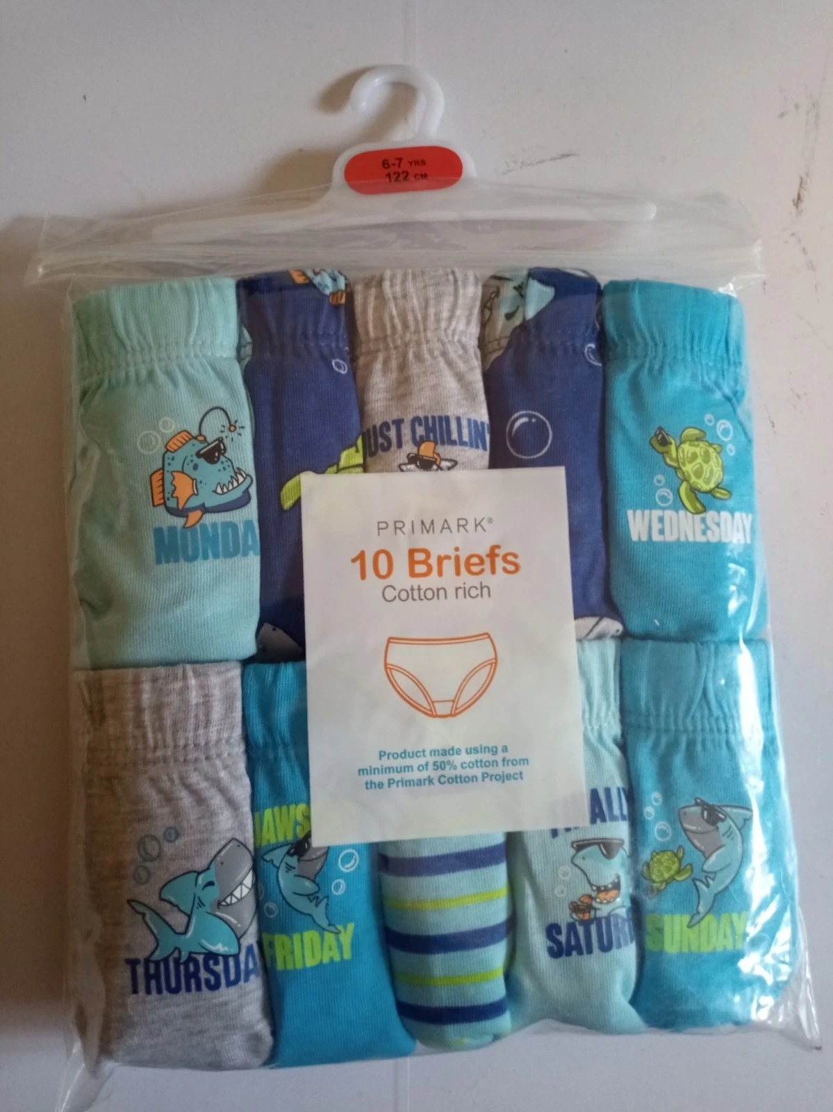 Primark boys briefs underwear cotton pants 10 pack days sharks Size 6-7 years