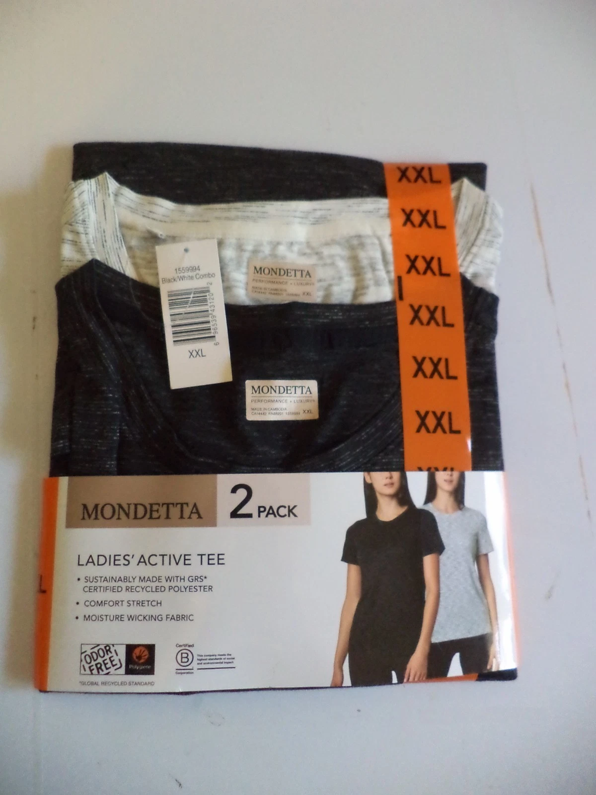 Mondetta 2 Pack Ladies' Active stretch T-Shirt Black & White Size xxl 18 20 22