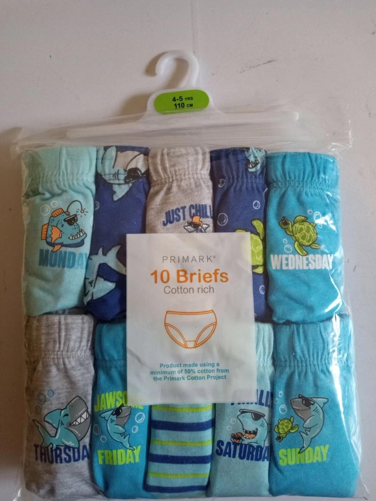 Primark boys briefs underwear cotton pants 10 pack days sharks Size 4-5 years