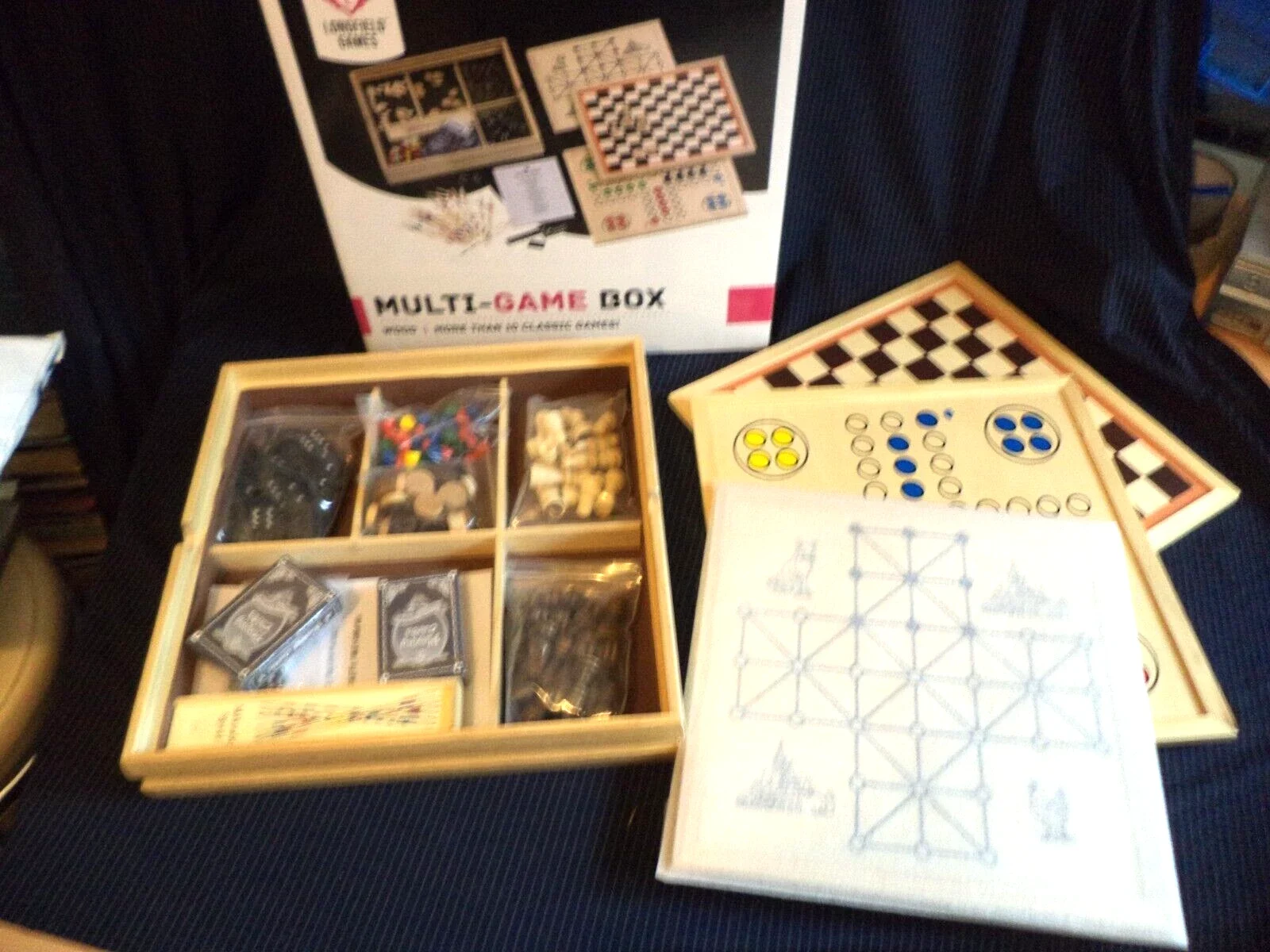 NEW deluxe traditional family board game set WOODEN BOX multi-game LONGFIELD compendium