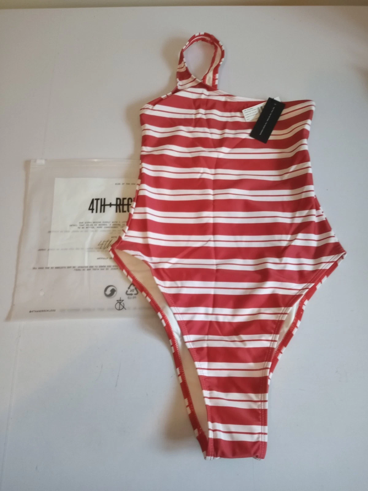 BNWT 4th & Reckless tide Swimsuit women's red white striped one shoulder size 6