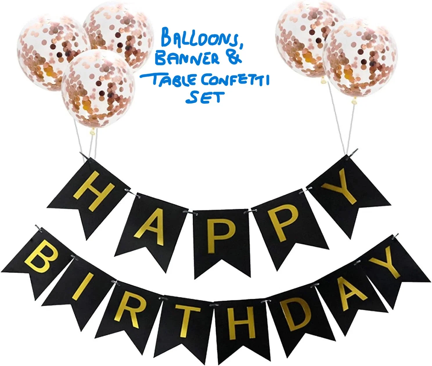 Happy Birthday Decorations set kit Balloons Banner table confetti black & gold