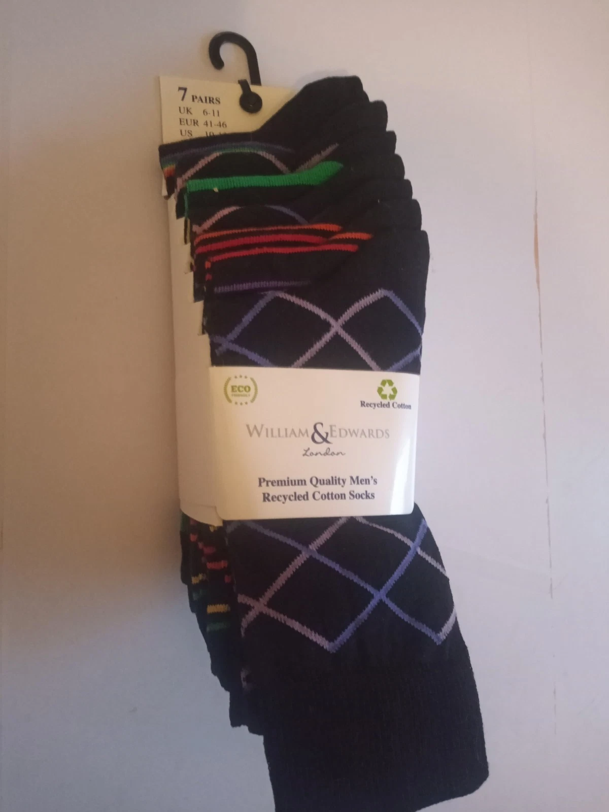 7 pairs William & Edwards Men's Socks Cotton patterned black Colourful UK 6-11