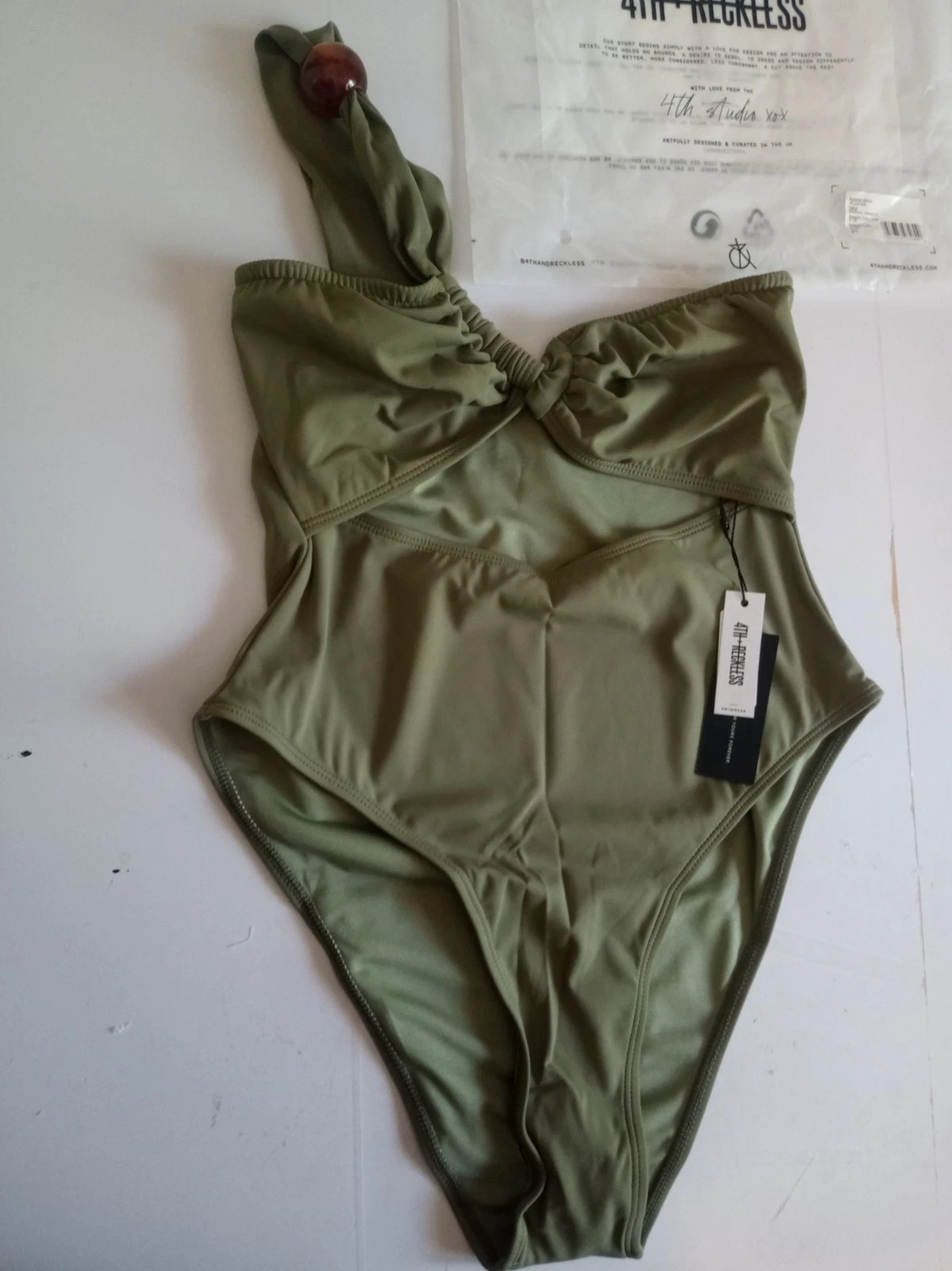 4th & reckless mairsol olive green one shoulder swimsuit women's size 8