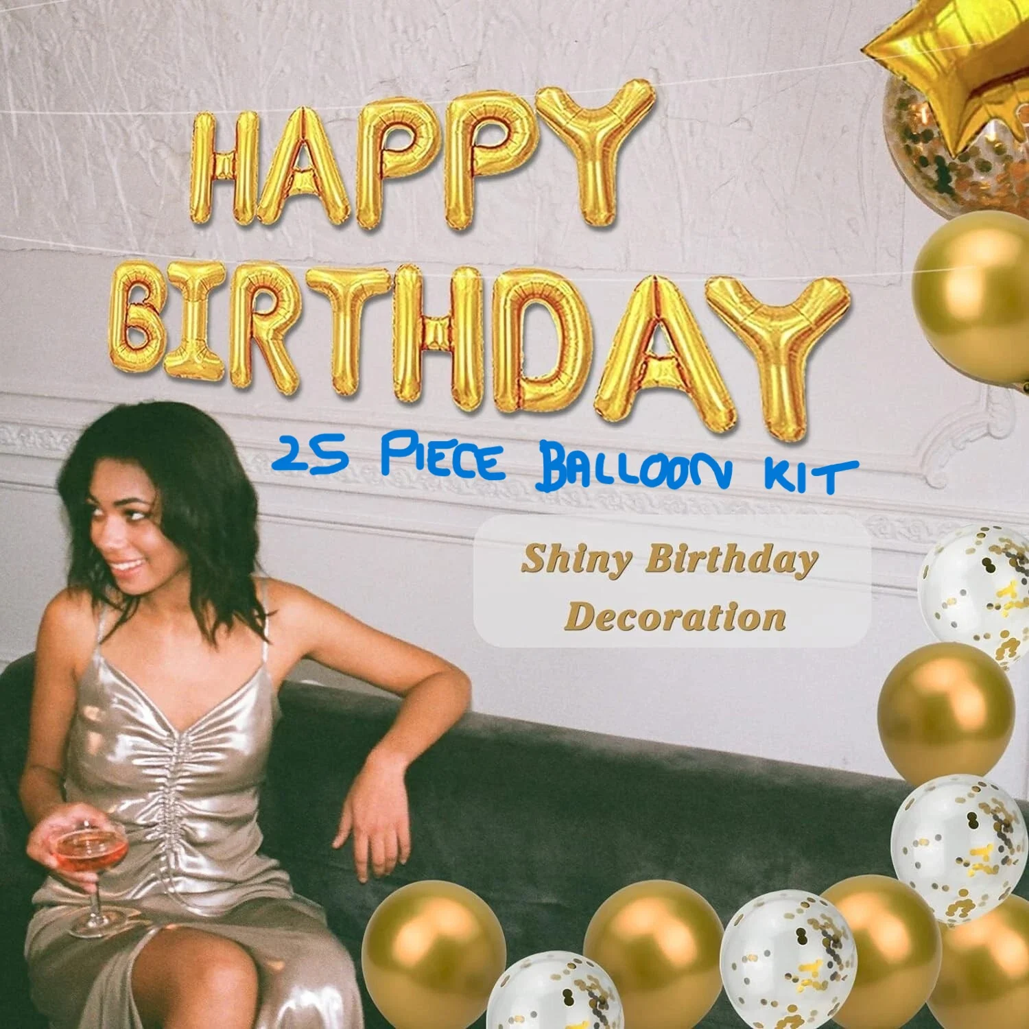 25 pieces happy Birthday AIR FILL Party balloons Decorations Set gold