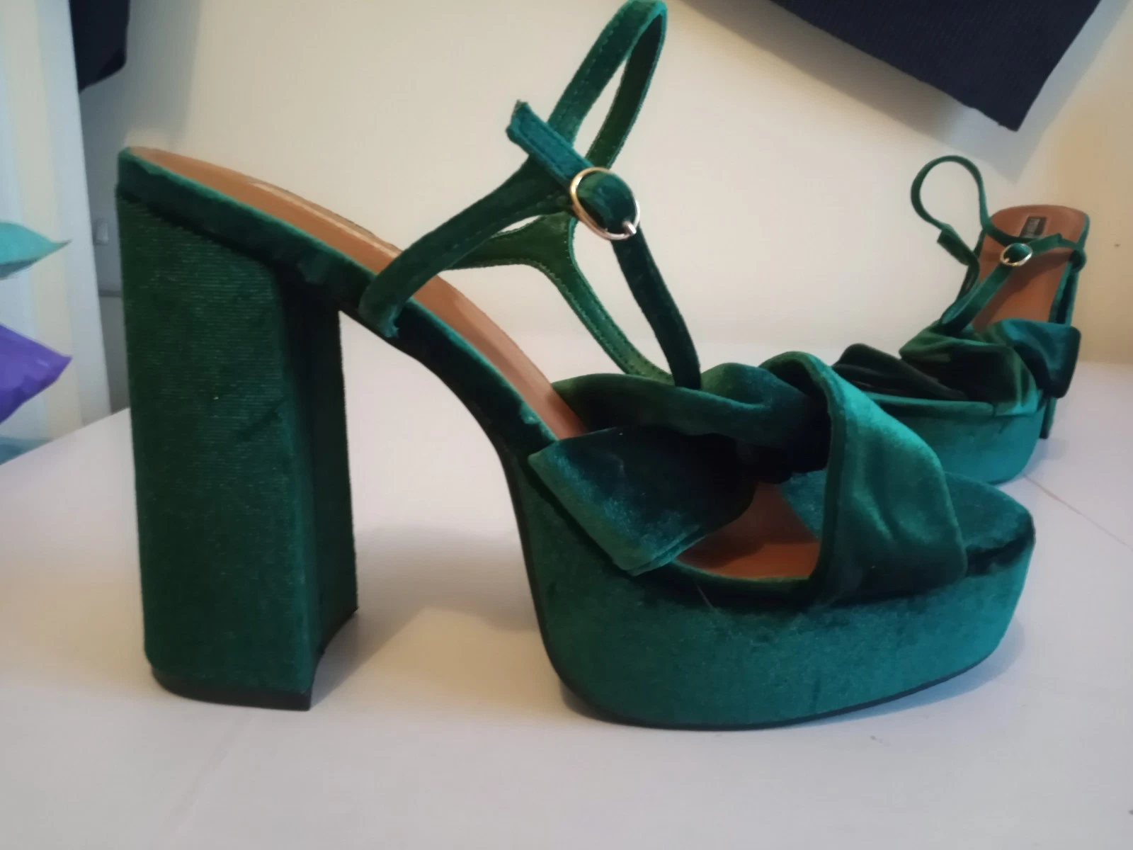 new Green Velvet Block Heel very high heels Platform Sandals women's shoes uk 8