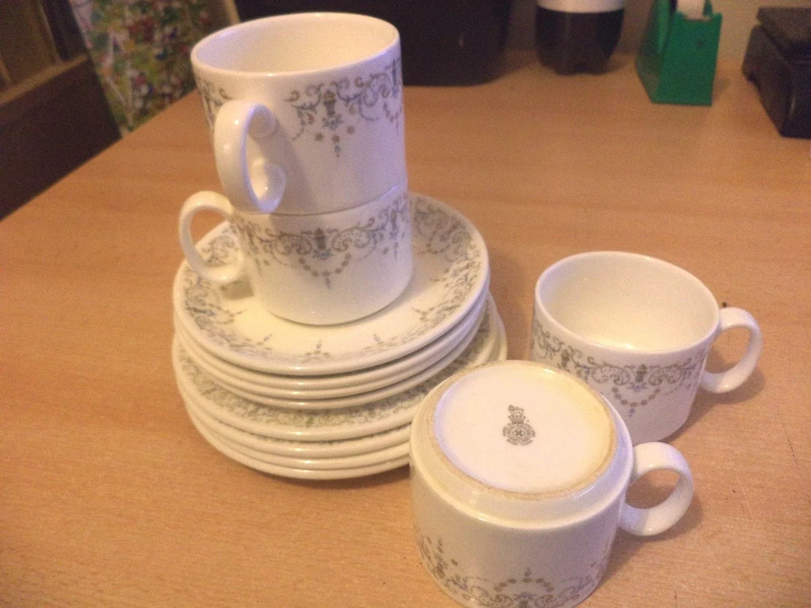 4 X OLD VINTAGE RETRO ROYAL DOULTON BONE CHINA grey WHITE trio cup saucer plate