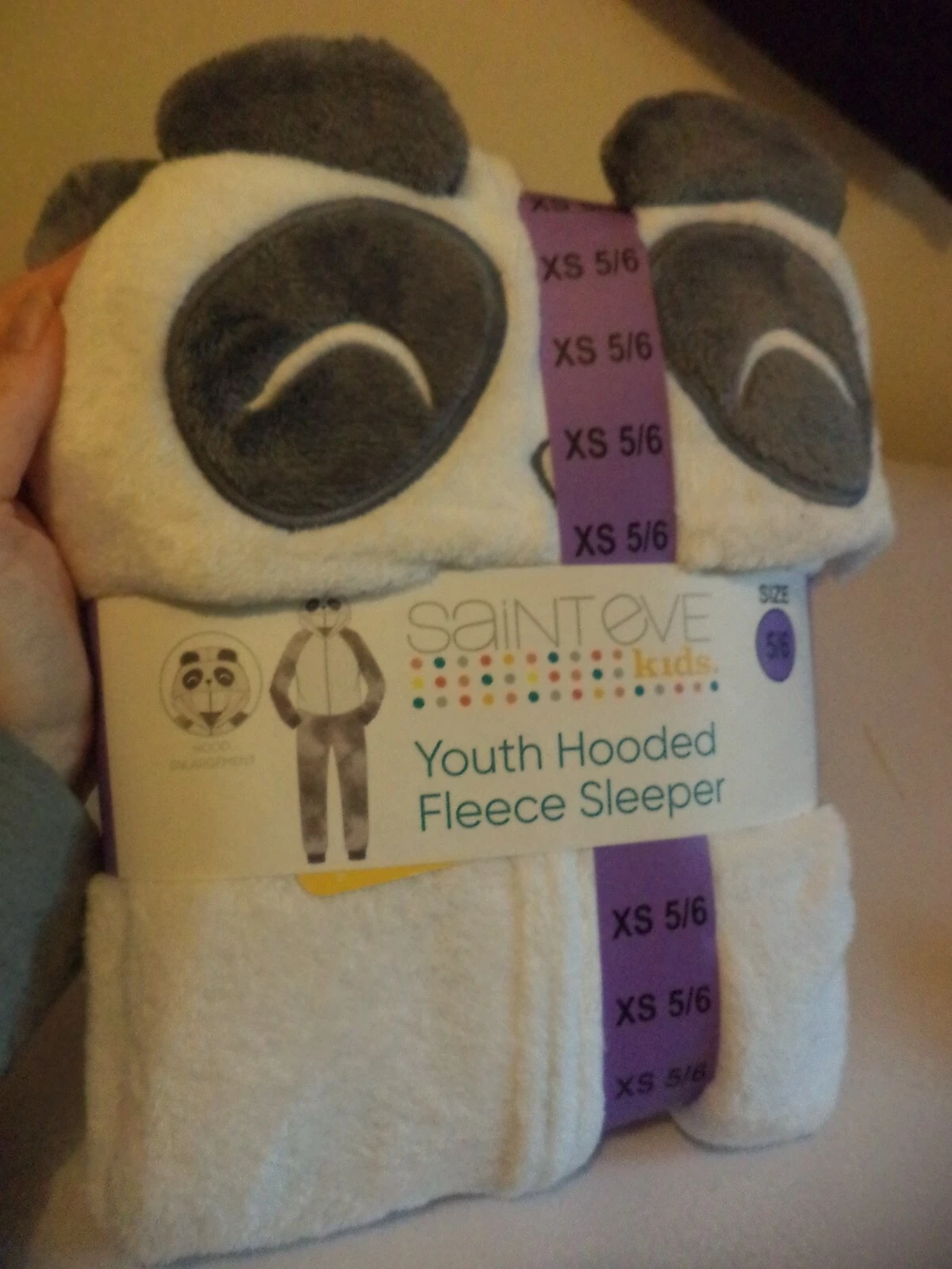 BNWT Kids Youth Hooded Fleece Sleeper XS age 5/6 Grey Panda one piece girls boys onesie