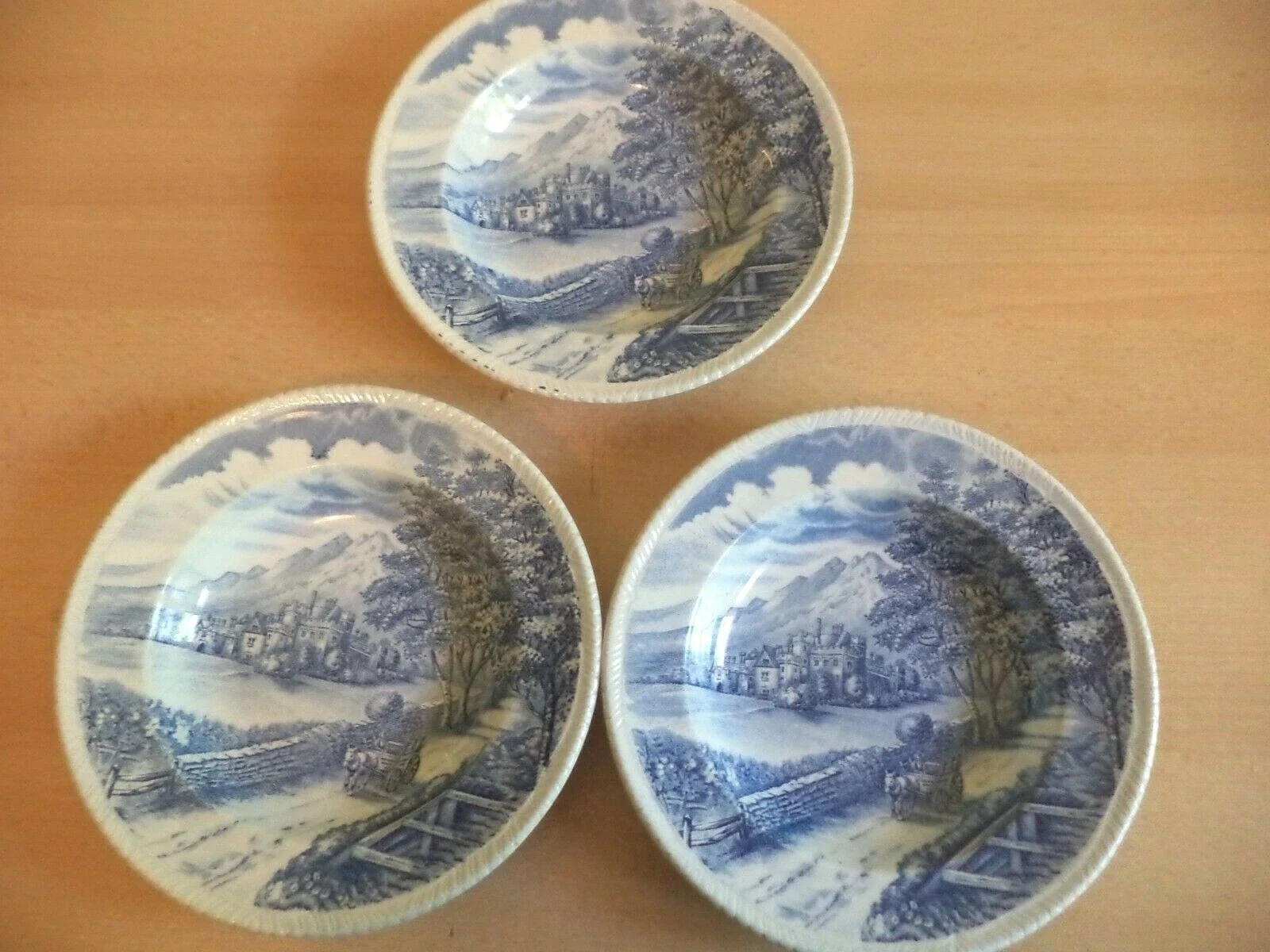 3 WOOD & SONS WESTMORLAND blue & white transfer ware SOUP PASTA BOWLS POTTERY