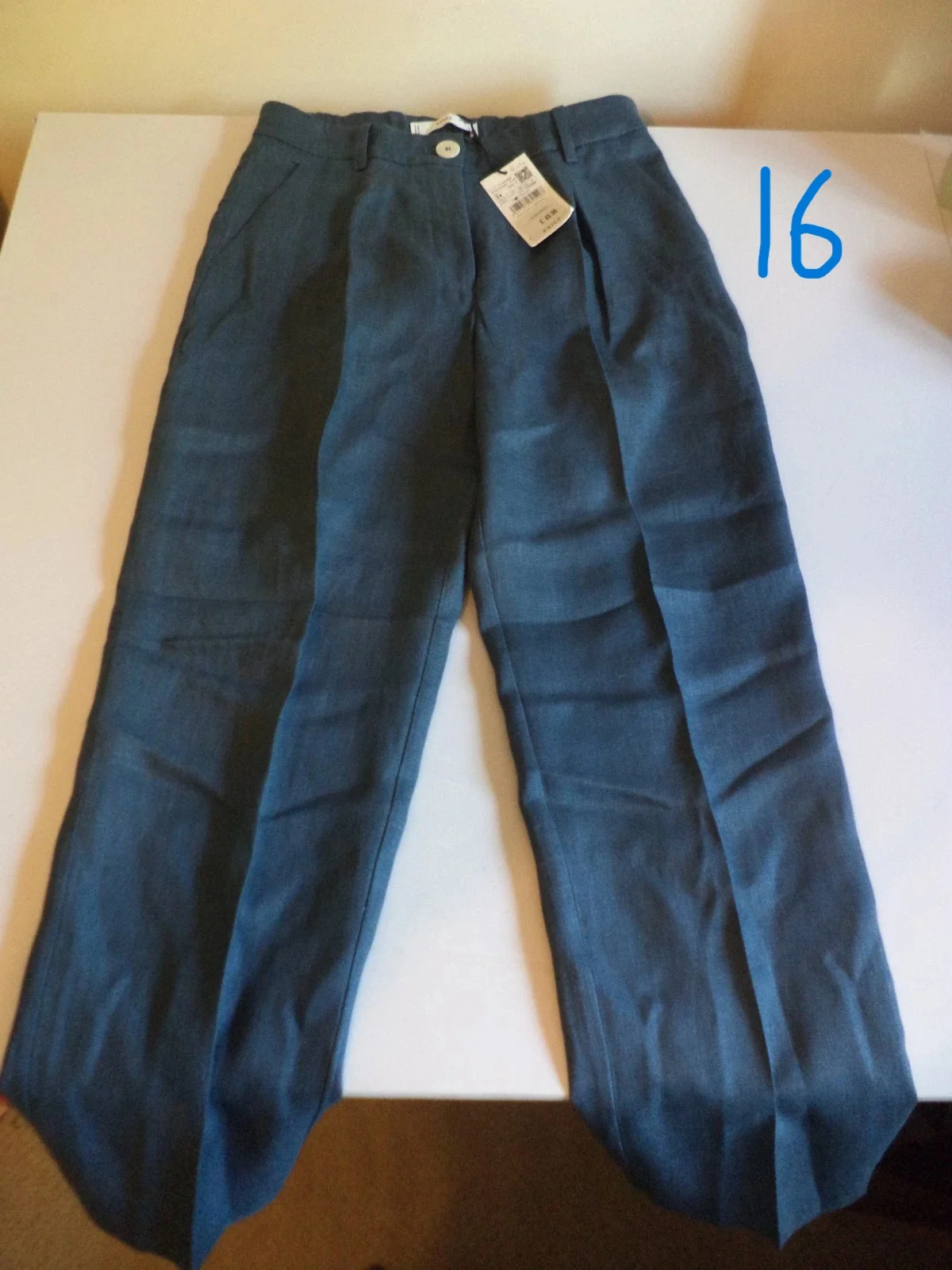 BNWT Mango MNG blue Linen women's smart straight leg Trousers Size Eur 44 uk 16