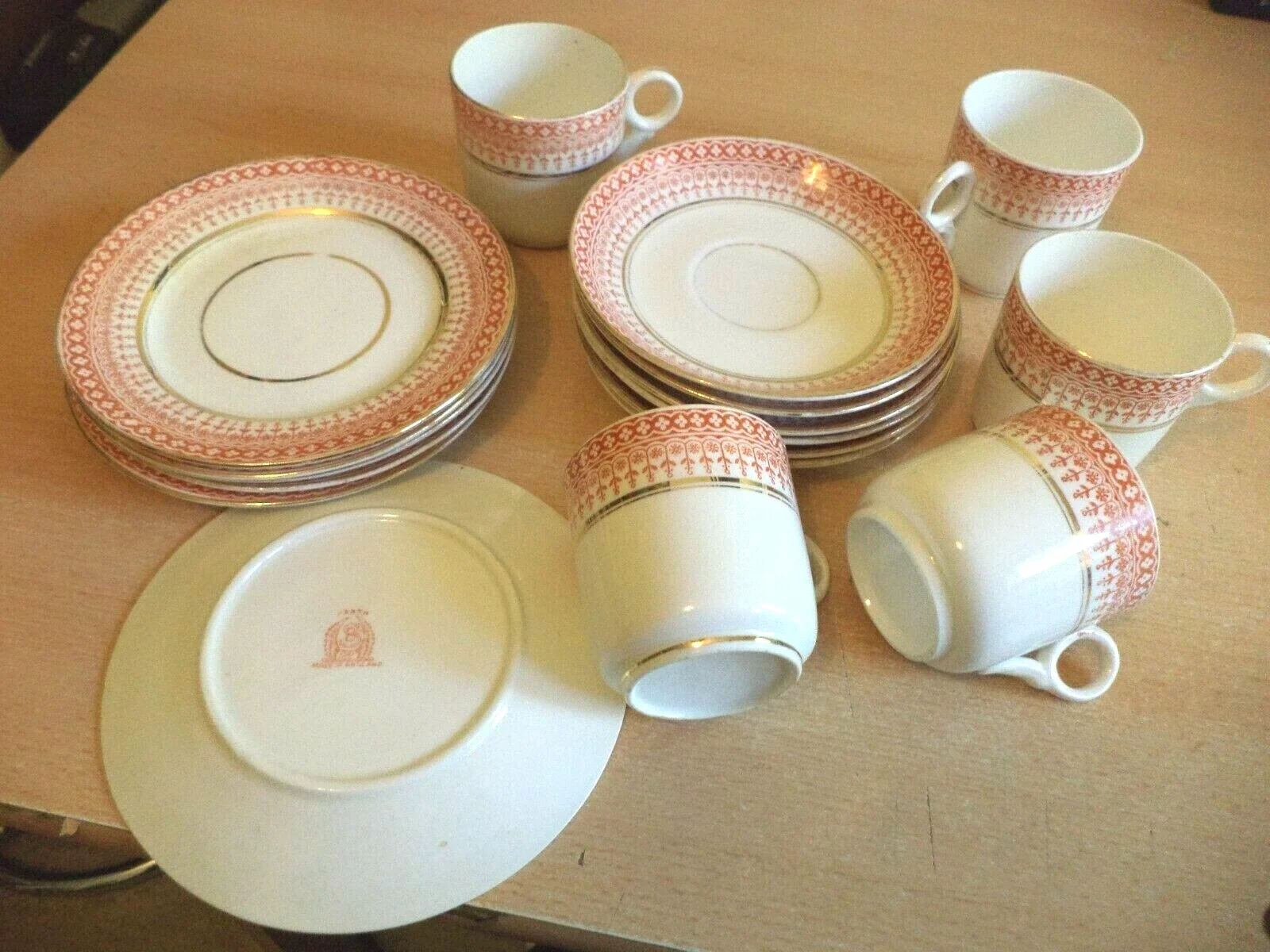6 S BROS PERTH tenby OLD ANTIQUE TRIOS cups saucers plates porcelain orange