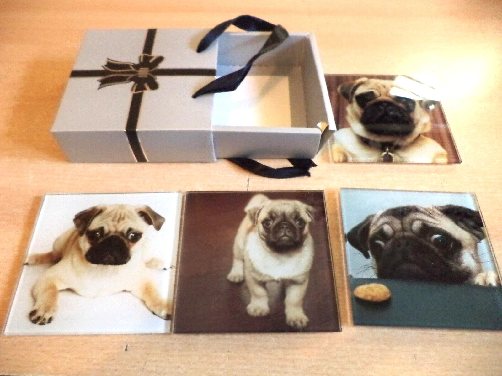BRAND NEW Set of 4 QUALITY GLASS PHOTO dog coasters pug puppy TOUCH OF GLASS