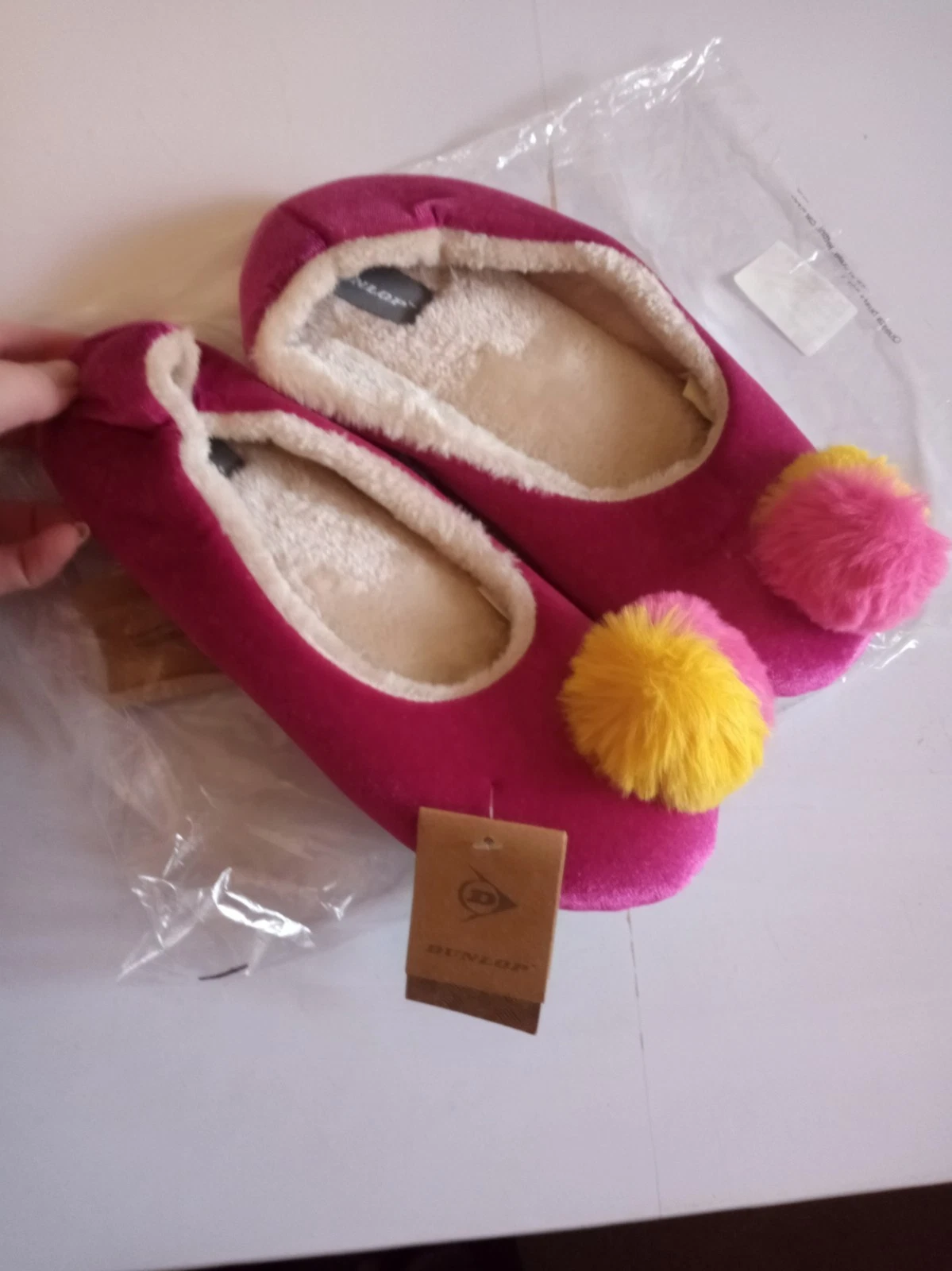 BNWT Dunlop Women's Soft Sole pompom Ballerina Slippers purp size L UK 7/8 40/41