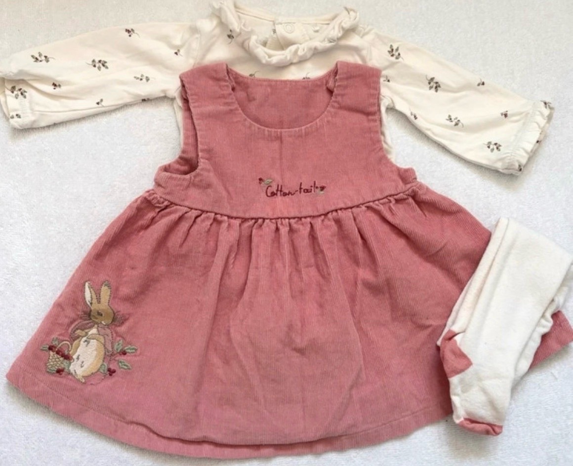 Beatrix Potter Peter Rabbit Baby Girl 3 Piece Outfit Set 0-3 Months Pink Cord Dress