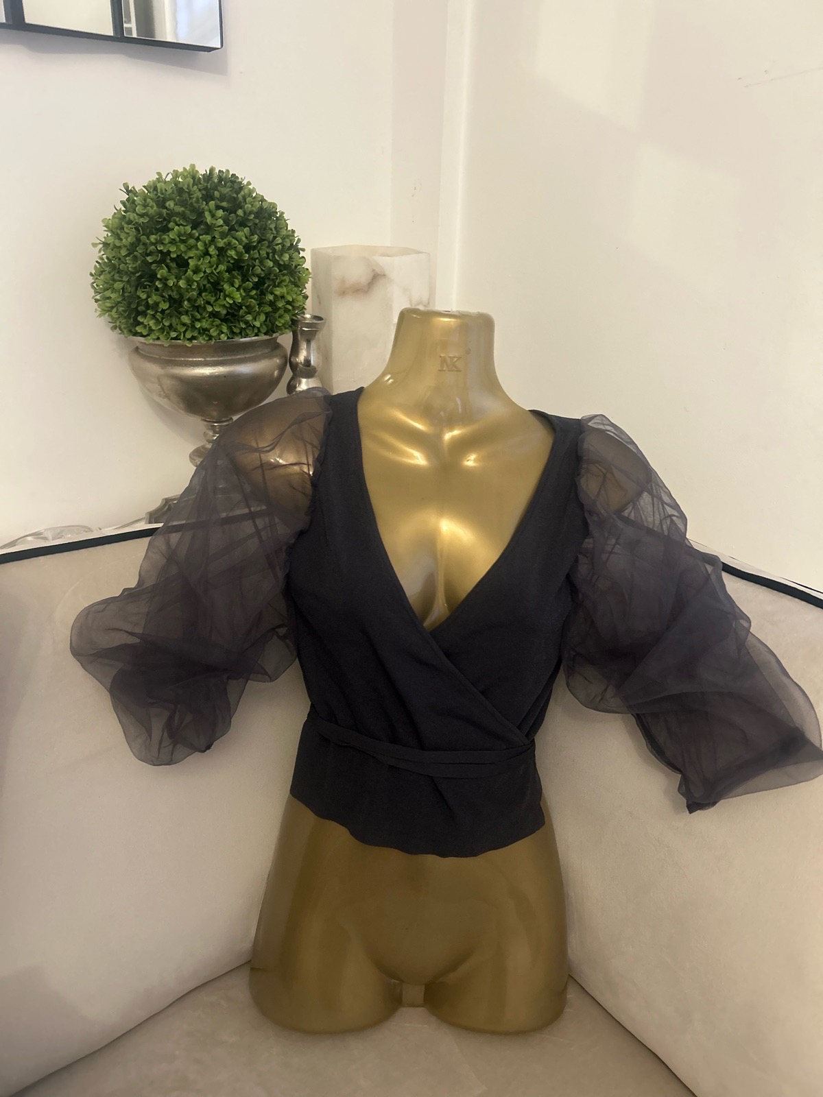 Stunning Zara Dark Grey Mesh Puff Sleeve Wrap Top – Size S / UK 8-10