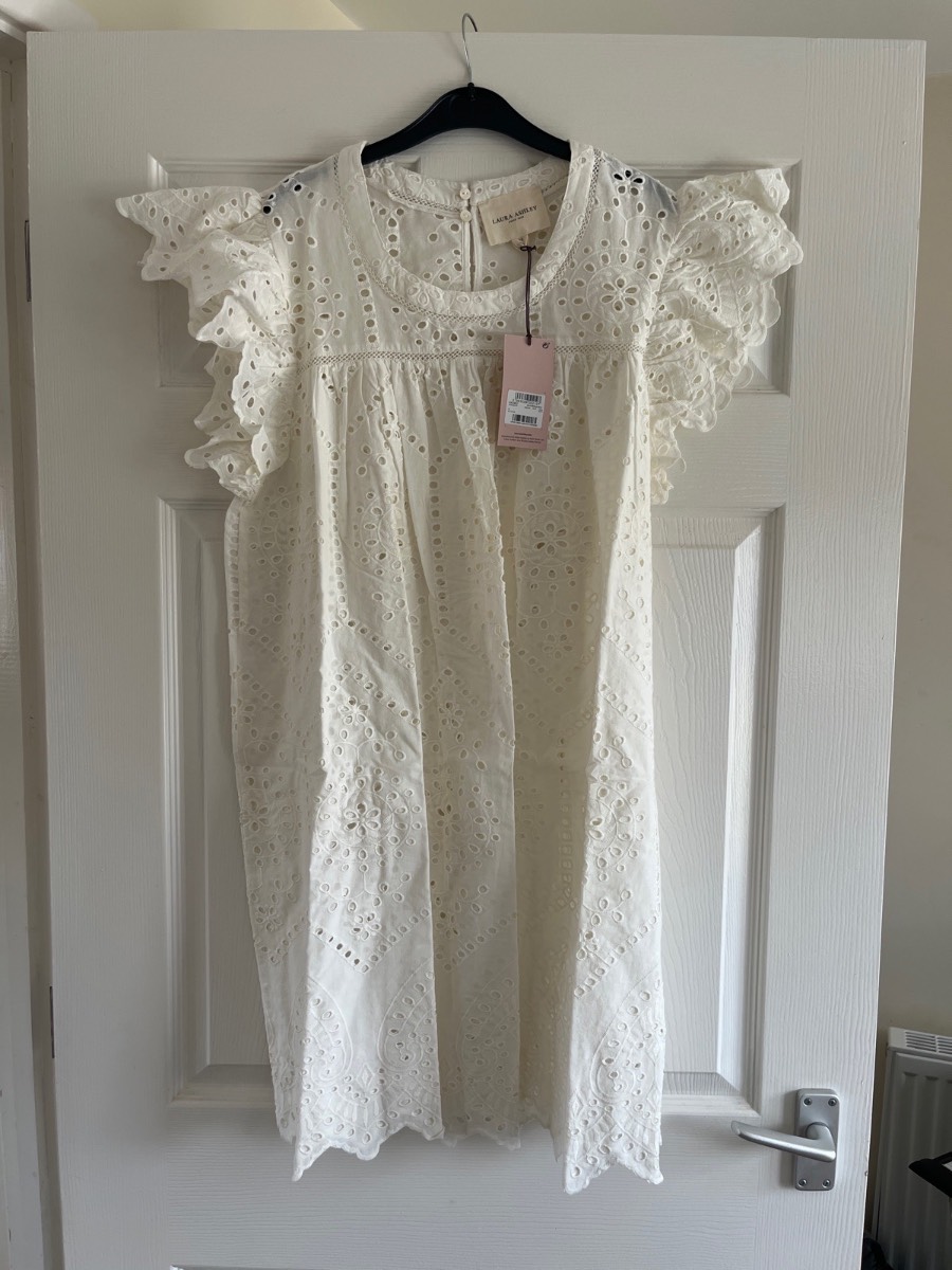 Laura Ashley White Cotton Broderie Mini Beach Summer Dress