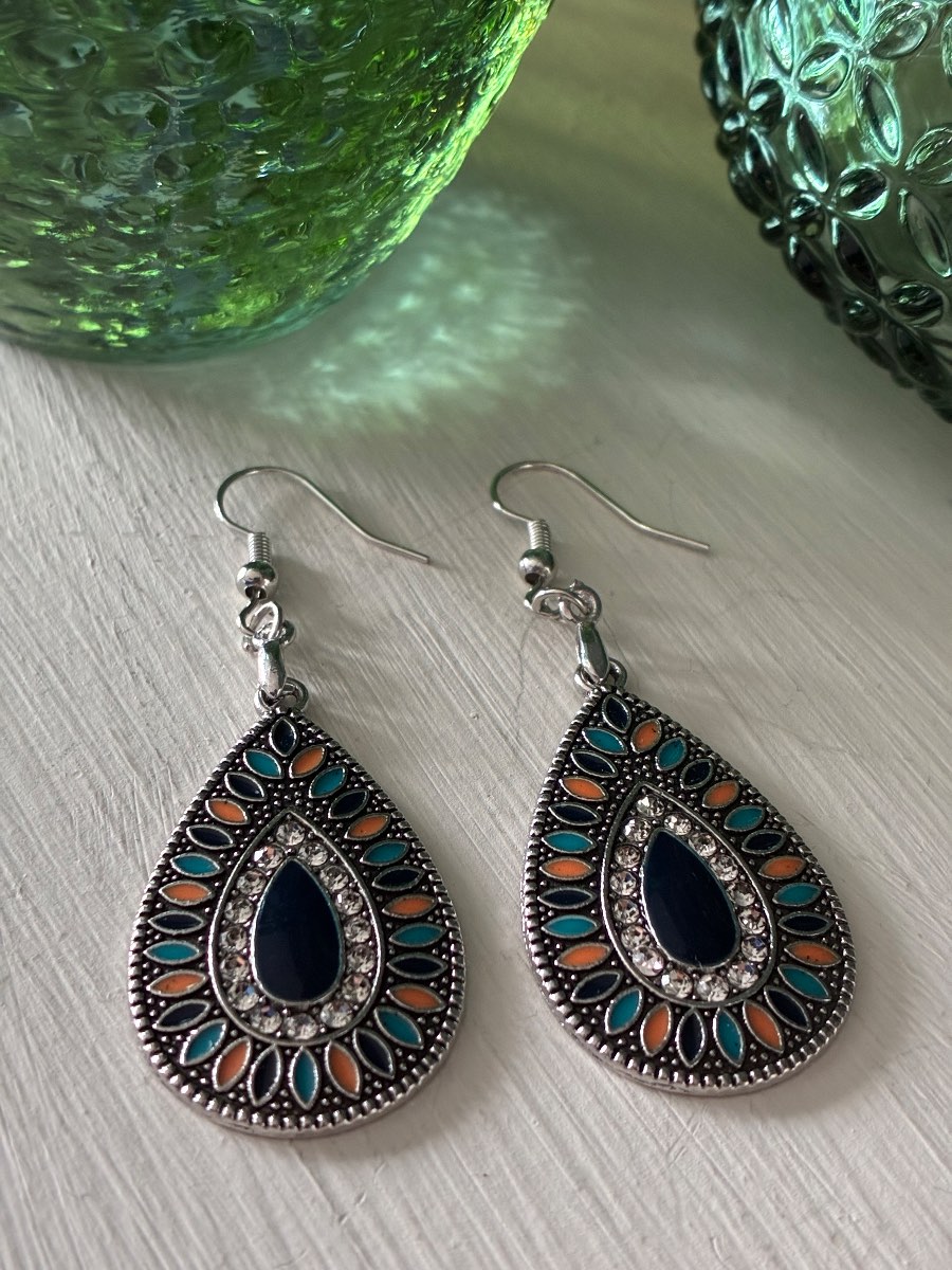 Ethnic inspired large multi colour drop earrings